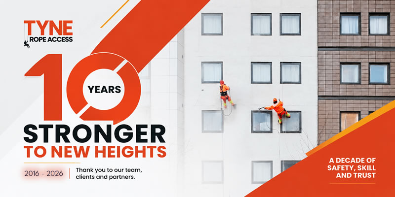 Tyne Rope Access 10th anniversary graphic, technician alongside '10 years stronger' text