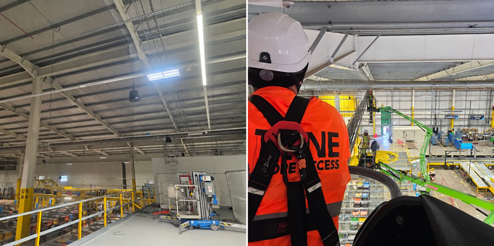 Bird netting around an industrial mezzanine and a Tyne Rope Access technician at work