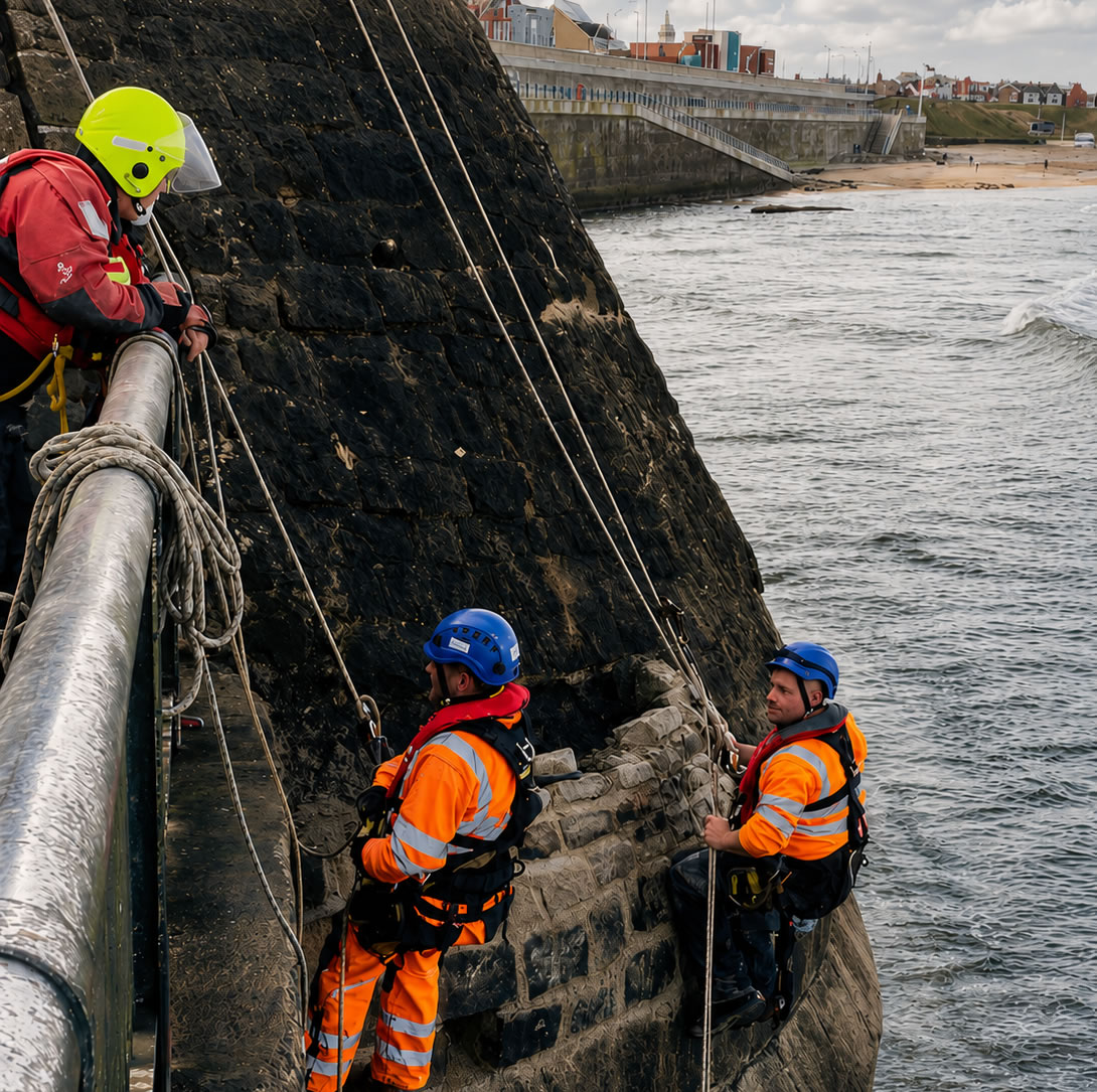 Coastal repointing work at Whitley Bay, with the coastline visible behind